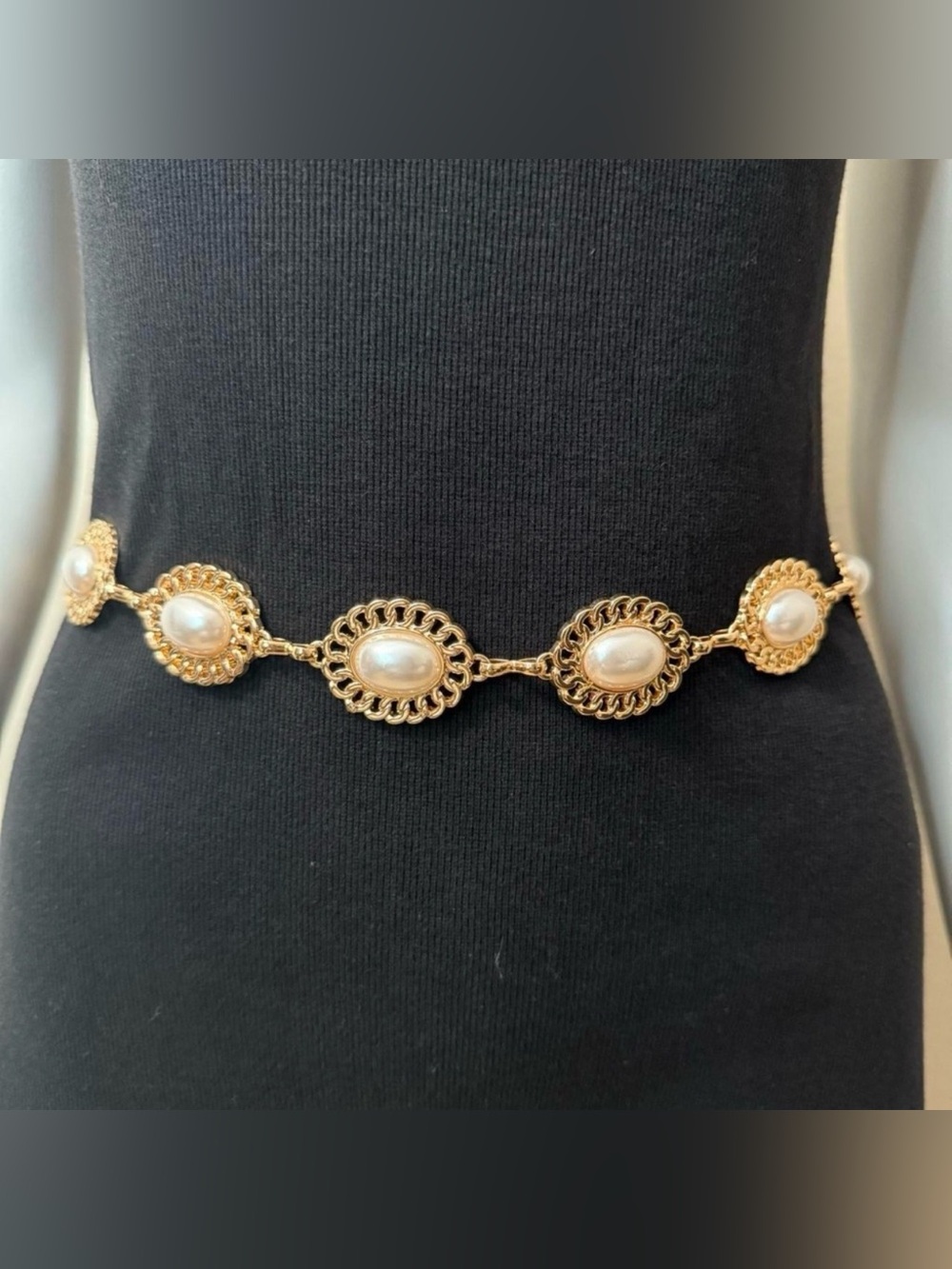 Gold tone metallic chain belt with faux pearl accents